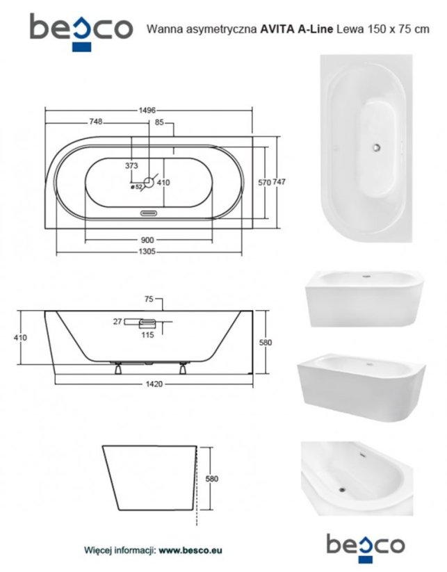 Volně stojící vana AVITA A-LINE bílá, sifon s přepadem